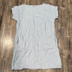 Magaschoni 100% Linen Dress Blue Grey Hand Pockets Frayed Hem Size Large